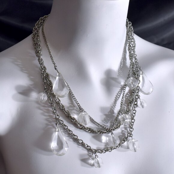 Vintage stacked silver necklace with clear faceted dangle beads faux crystals - Picture 3 of 5